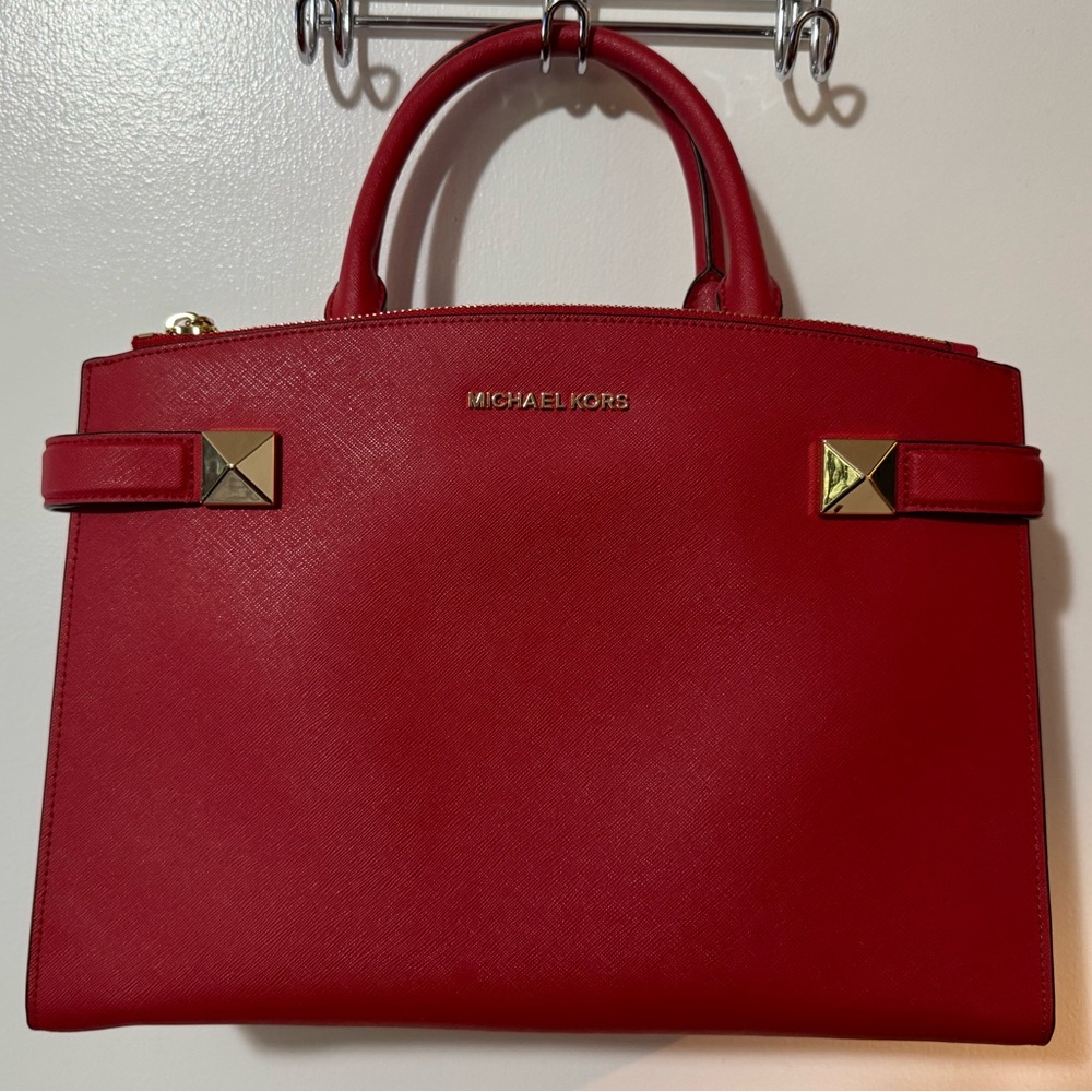 Michael Kors Red Saffiano Satchel with Gold Hardware